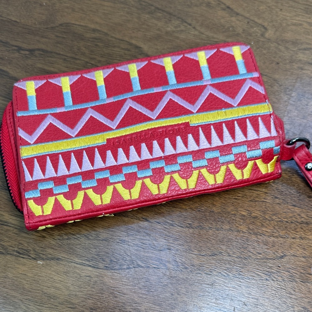 Isabella Fiore Embroidered Leather Continental Aztec Tribal Clutch Long Wallet